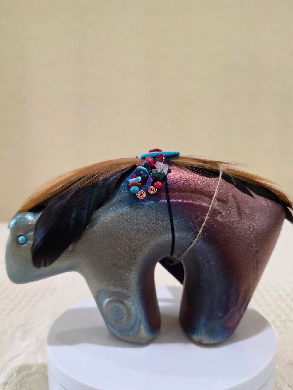 Jeremy Diller Raku Pottery Spirit Bear Fetish Figurine Turquoise Eye Feathers B2